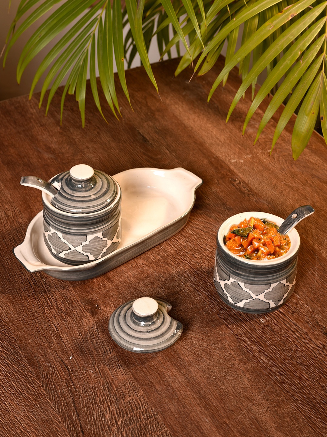 Unravel India Grey & White Ceramic Handpainted Storage Jars With Spoons & Tray