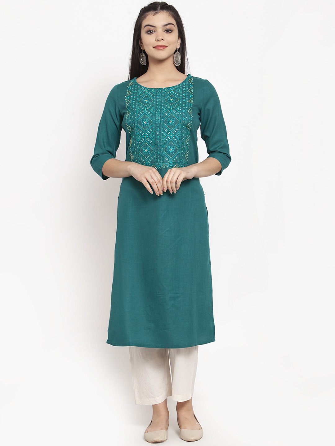 

ANAISA Women Teal Blue Embroidered Straight Kurta