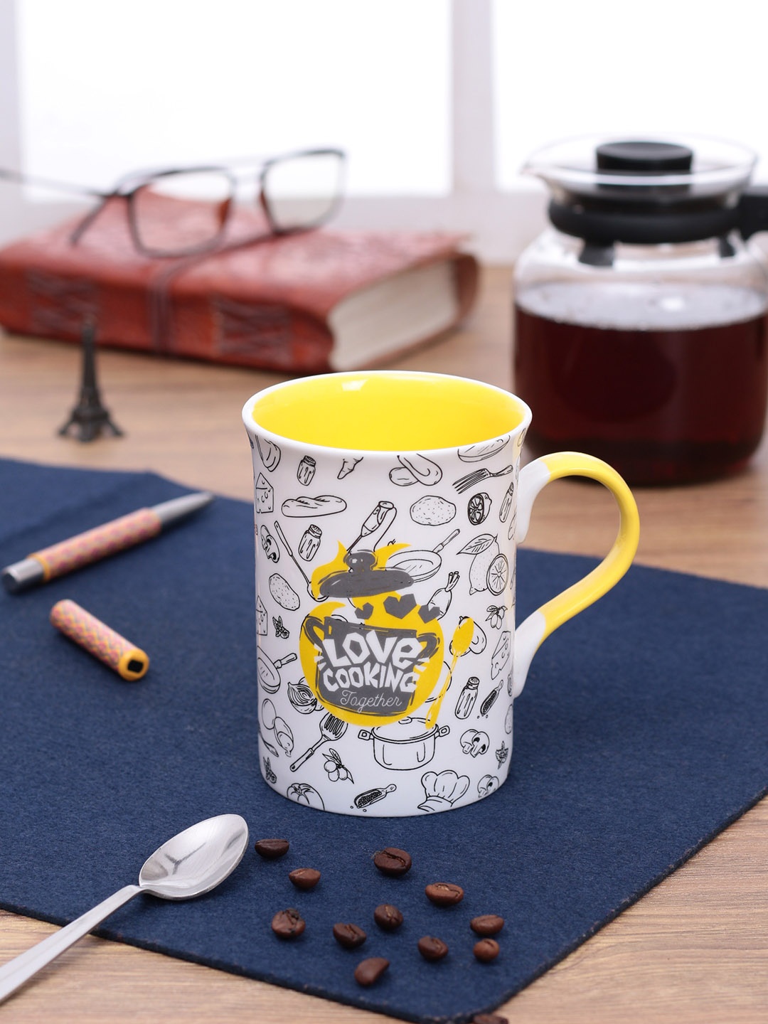 

CLAY CRAFT White & Yellow 2-Pieces Printed Ceramic Mugs Set