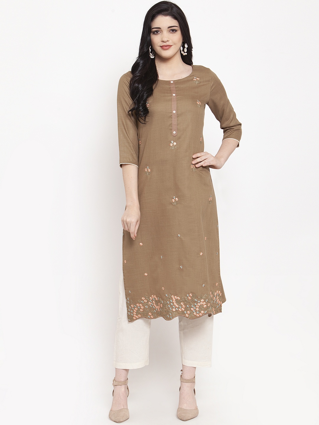 

ANAISA Women Brown Embroidered Straight Kurta