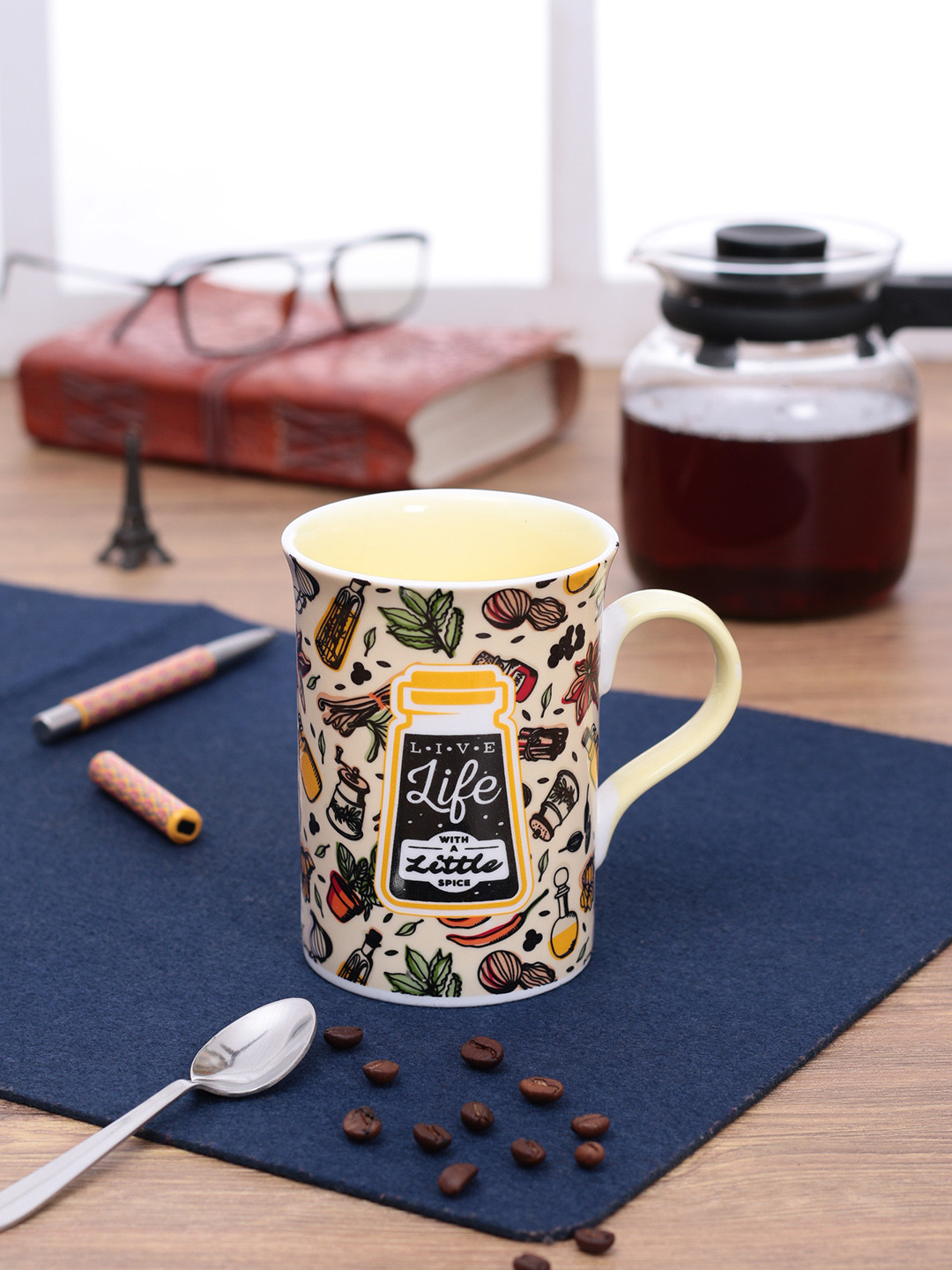 

CLAY CRAFT thinkFOOD Set Of 2 Beige & Green Graphic Quote Milk Mugs