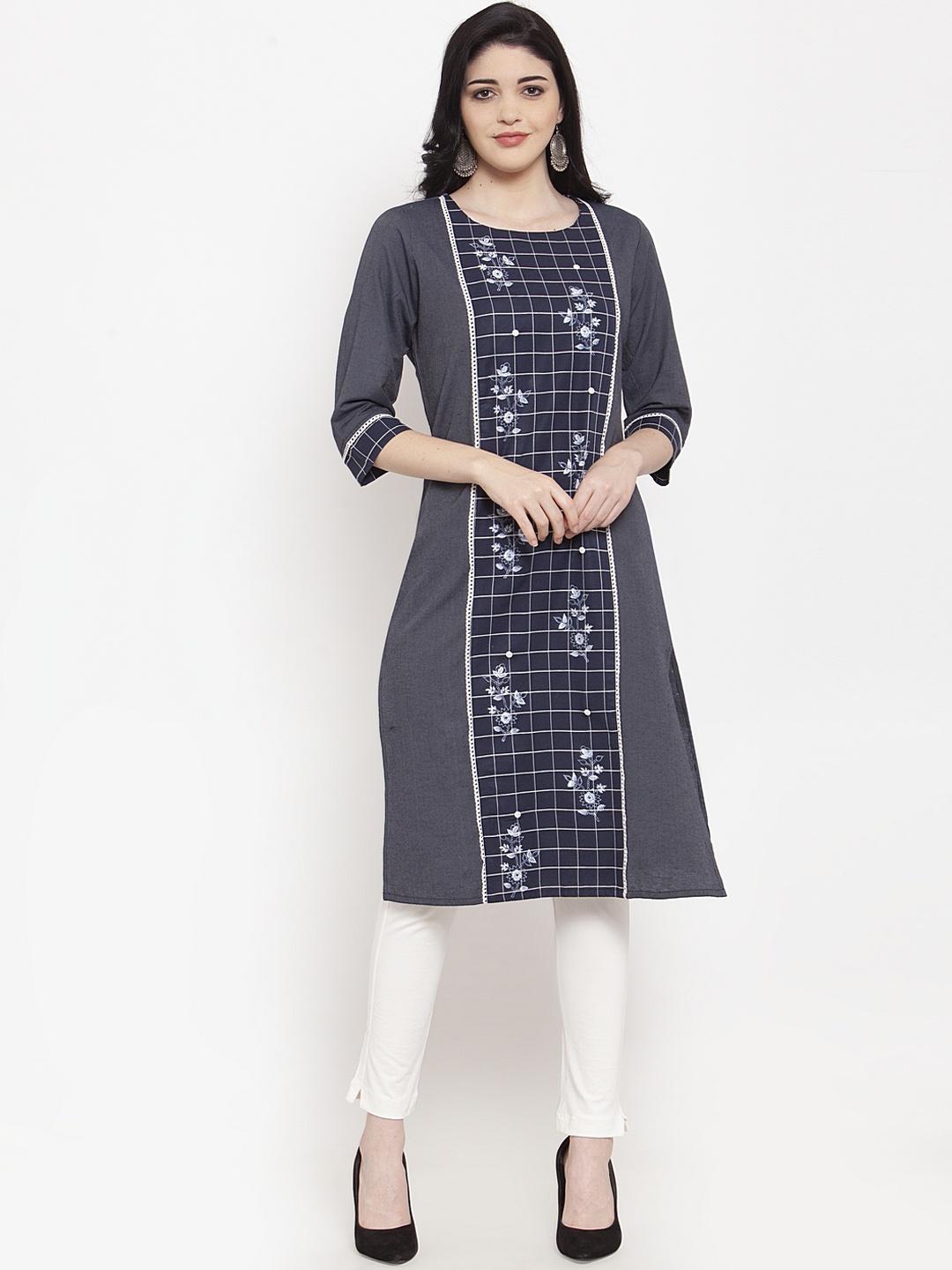 

ANAISA Women Navy Blue Embroidered Straight Kurta