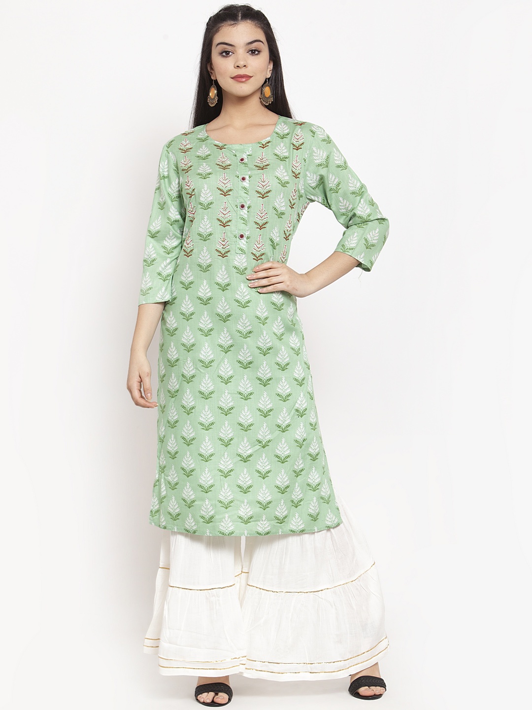 

ANAISA Women Green & White Printed Kurta with Sharara