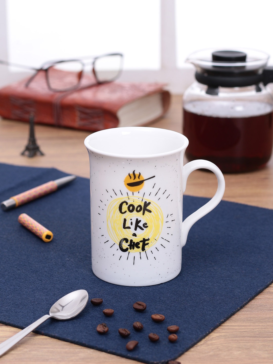 

CLAY CRAFT Set Of 2 White & Yellow ThinkFOOD Graphic Quote Printed Mugs