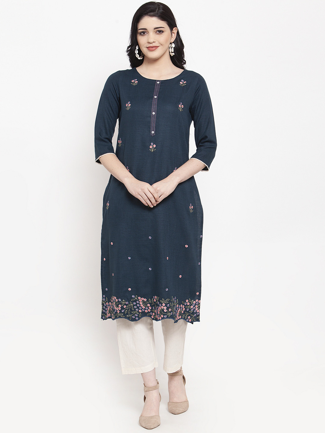 

ANAISA Women Navy Blue Embroidered Straight Kurta