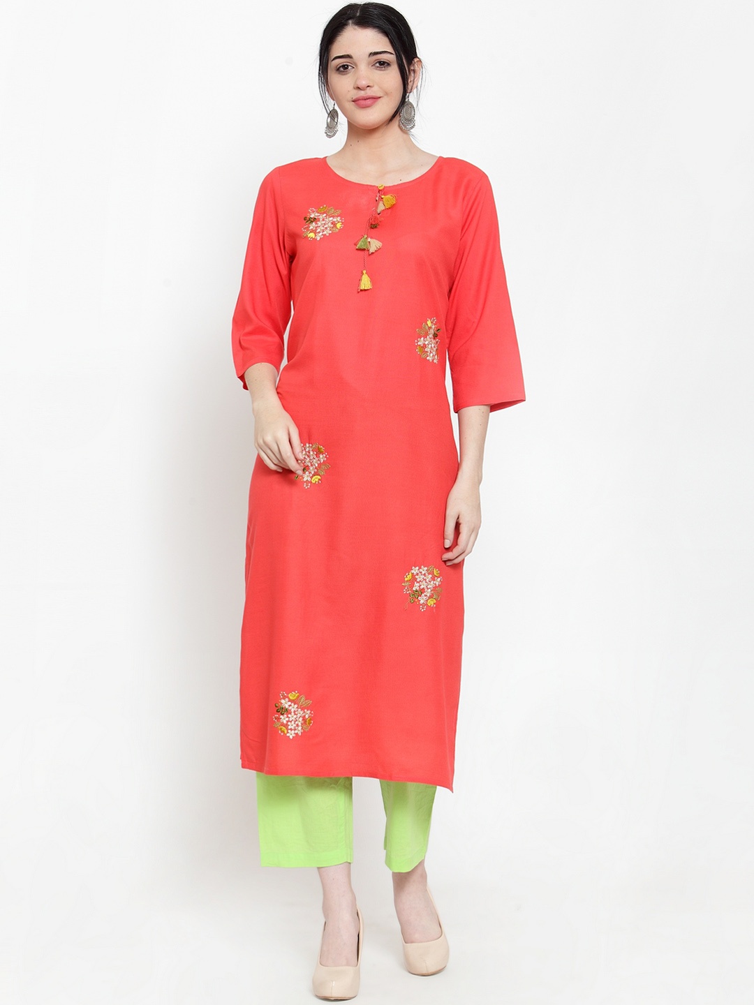 

ANAISA Women Coral Pink Embroidered Straight Kurta