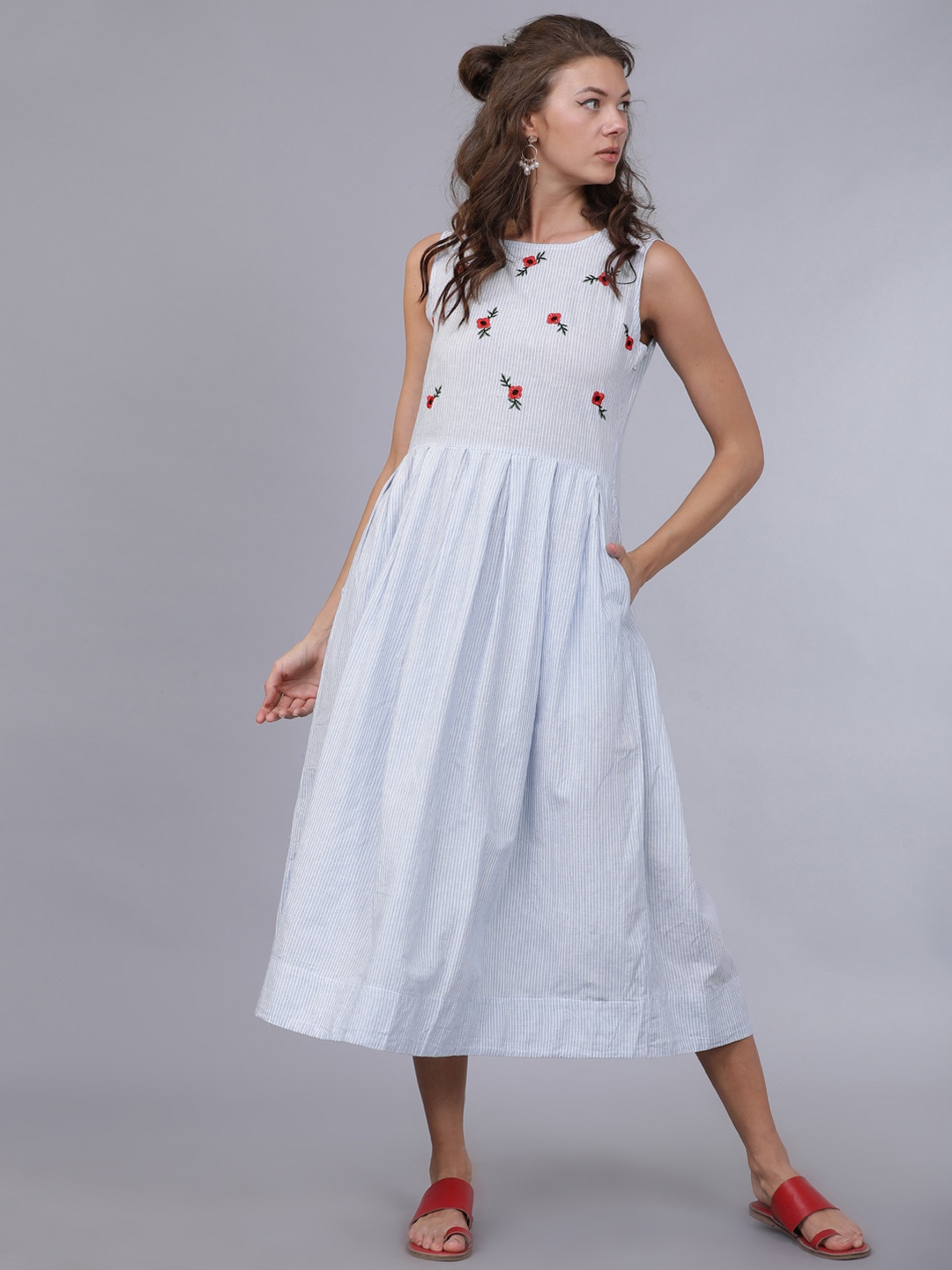 Mumbai Slang Chic Women Blue Striped Fit and Flare Dress