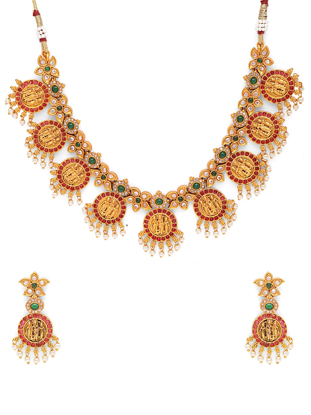 

Fabstreet Gold-Plated Red & Green CZ-Studded Beaded Temple Jewellery Set