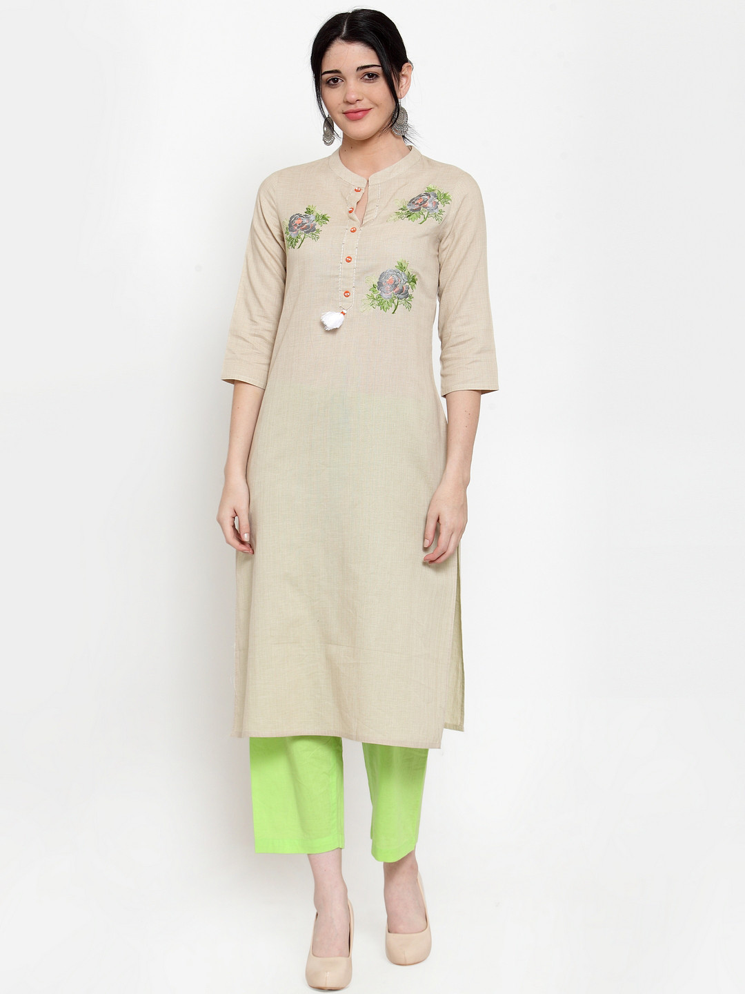 

ANAISA Women Beige Floral Embroidered Straight Kurta