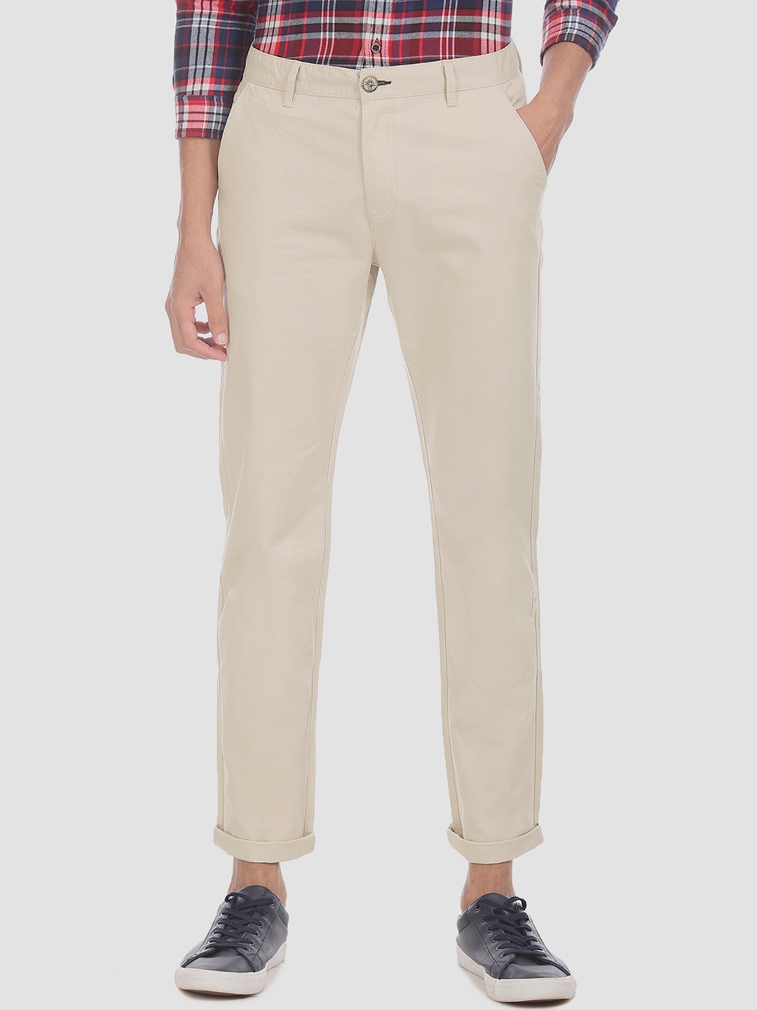 

RUF & TUF Men Beige Slim Fit Solid Regular Trousers