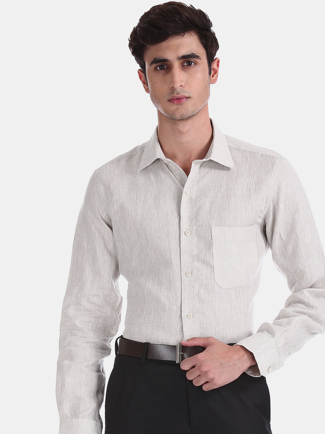 

Arrow Men Beige Regular Fit Self Design Pure Linen Formal Shirt