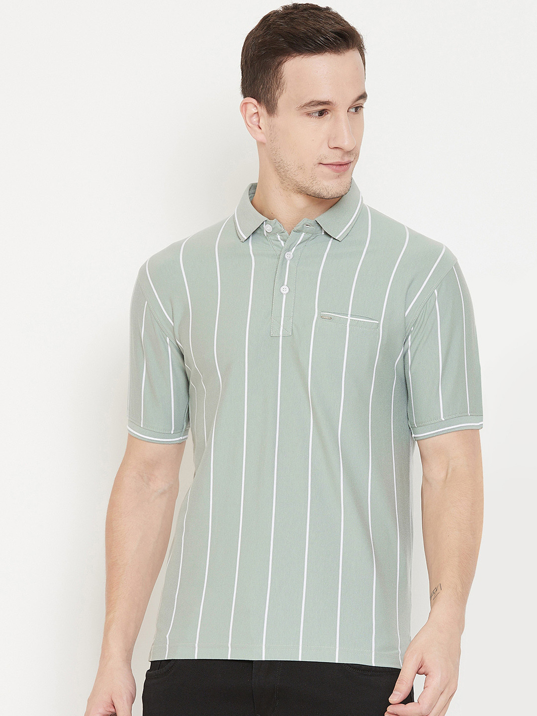 

Okane Men Green & White Striped Polo Collar T-shirt