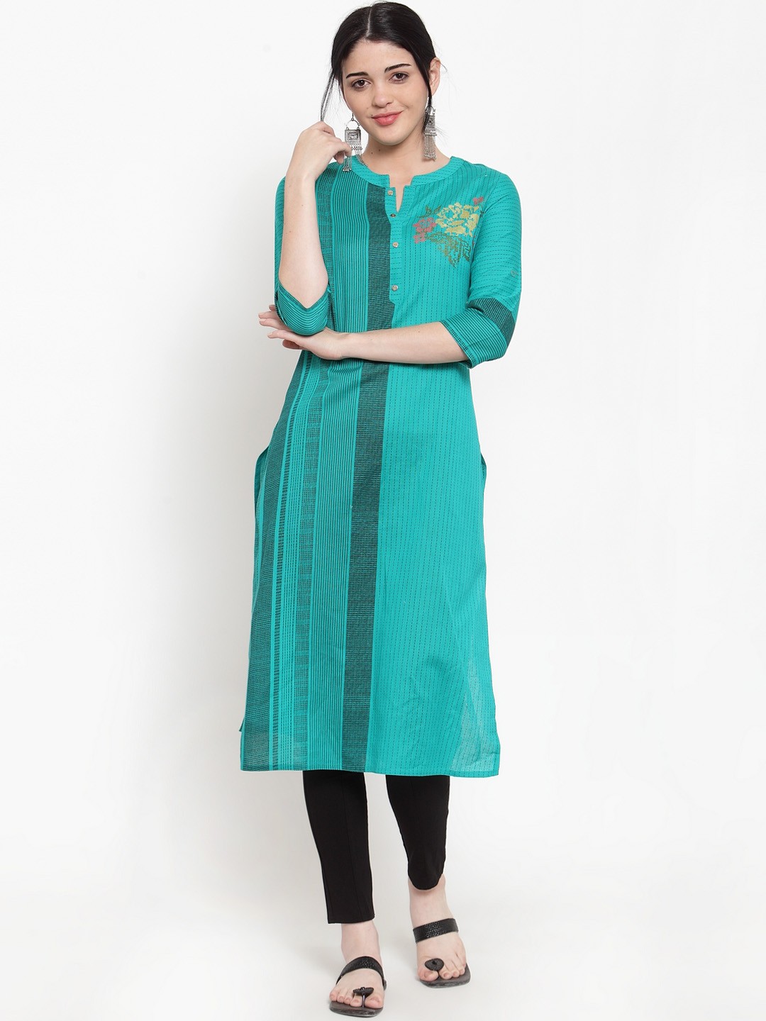 

ANAISA Women Teal Blue Striped Straight Kurta