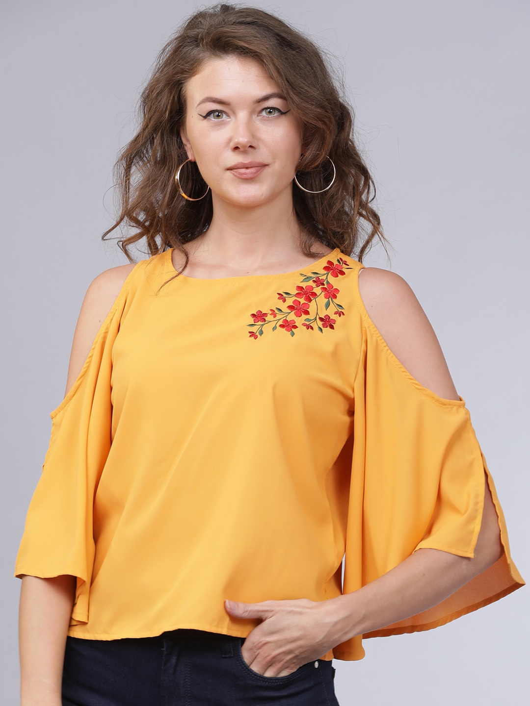 

Mumbai Slang Chic Women Mustard Yellow & Red Floral Embroidered Top