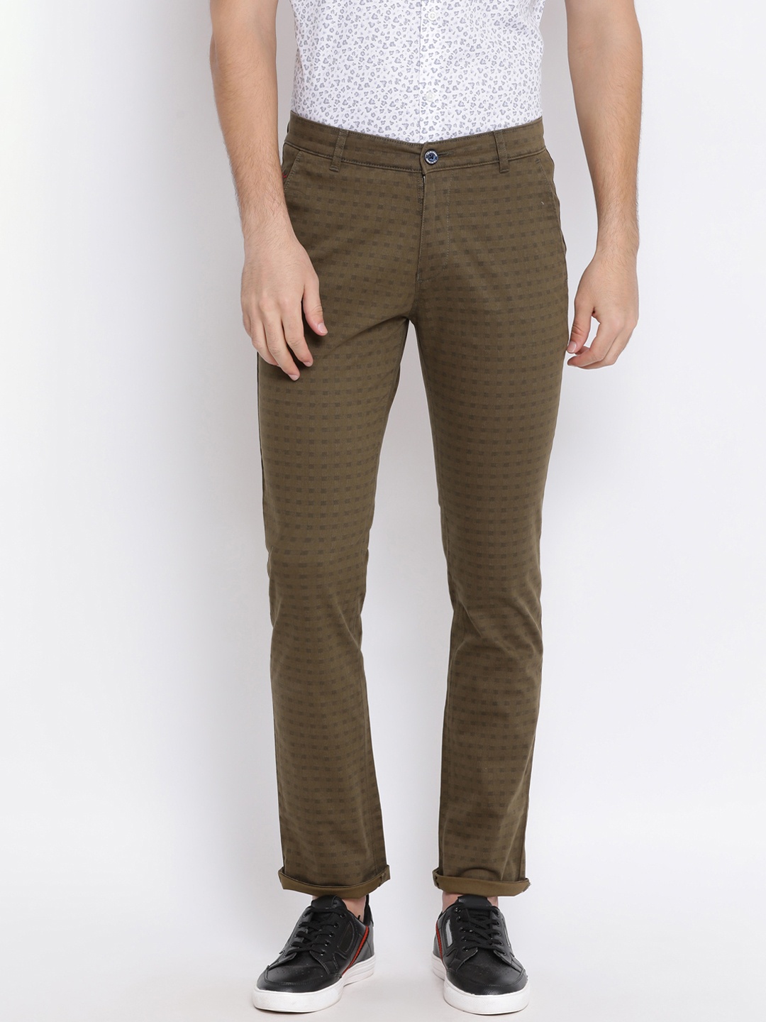 

Crimsoune Club Men Olive Green Slim Fit Checked Regular Trousers