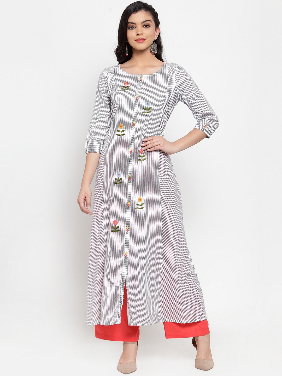 

ANAISA Women White & Red Striped Floral Embroidered A-Line Kurta