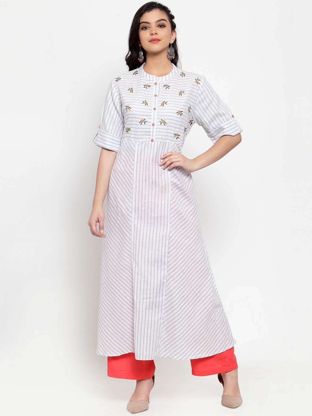 

ANAISA Women White & Grey Embroidered A-Line Kurta