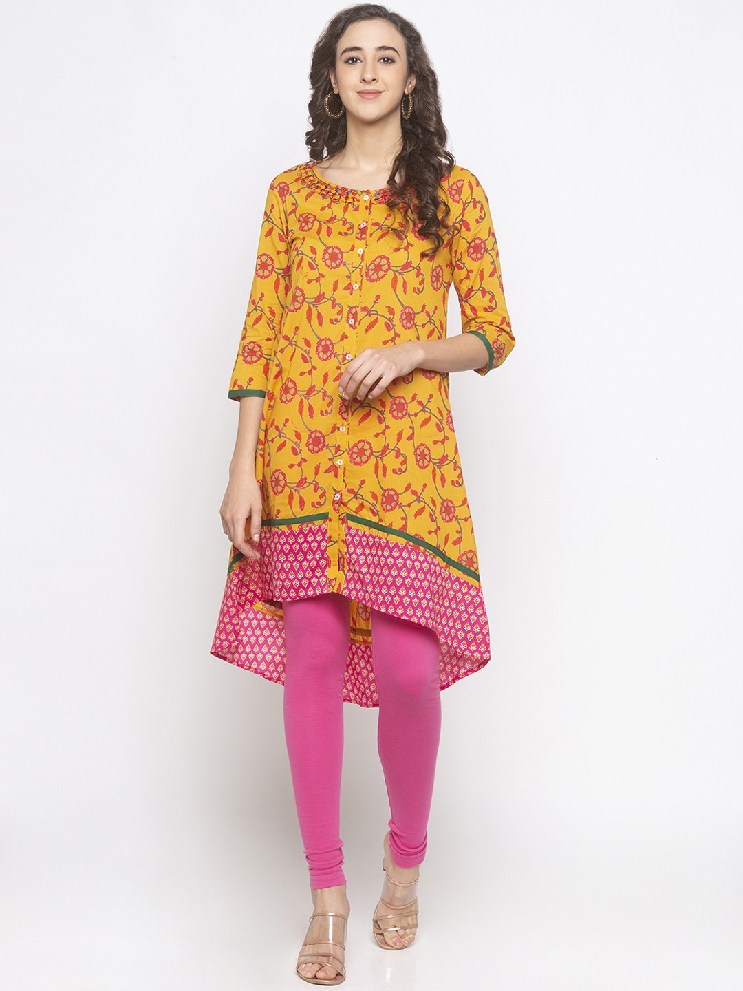 

Globus Women Mustard Yellow & Pink Floral Pure Cotton Print A-Line Kurta
