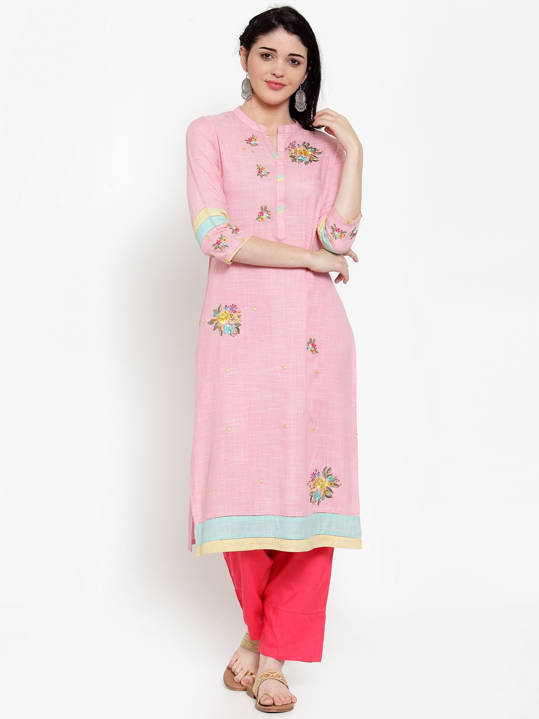 

ANAISA Women Pink & Blue Floral Embroidered Straight Kurta