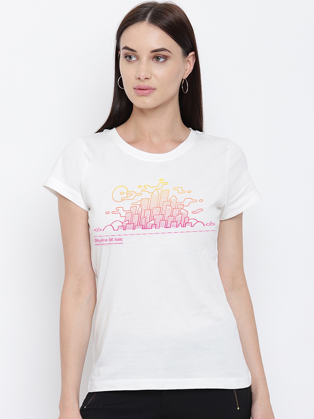 

THREADCURRY Women White Printed Round Neck T-shirt