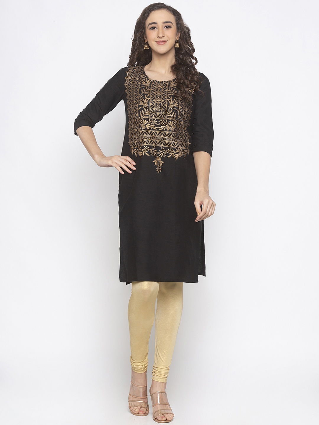 

Globus Women Black & Gold-Toned Printed Straight Kurta