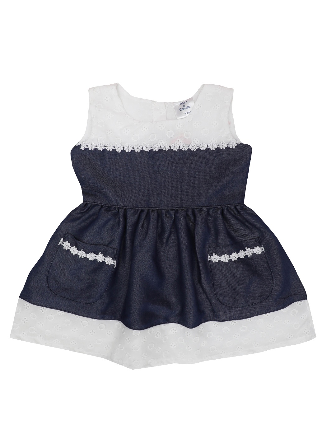 

Doodle Girls Navy Blue & White Colourblocked Fit and Flare Dress With Schiffli Detail