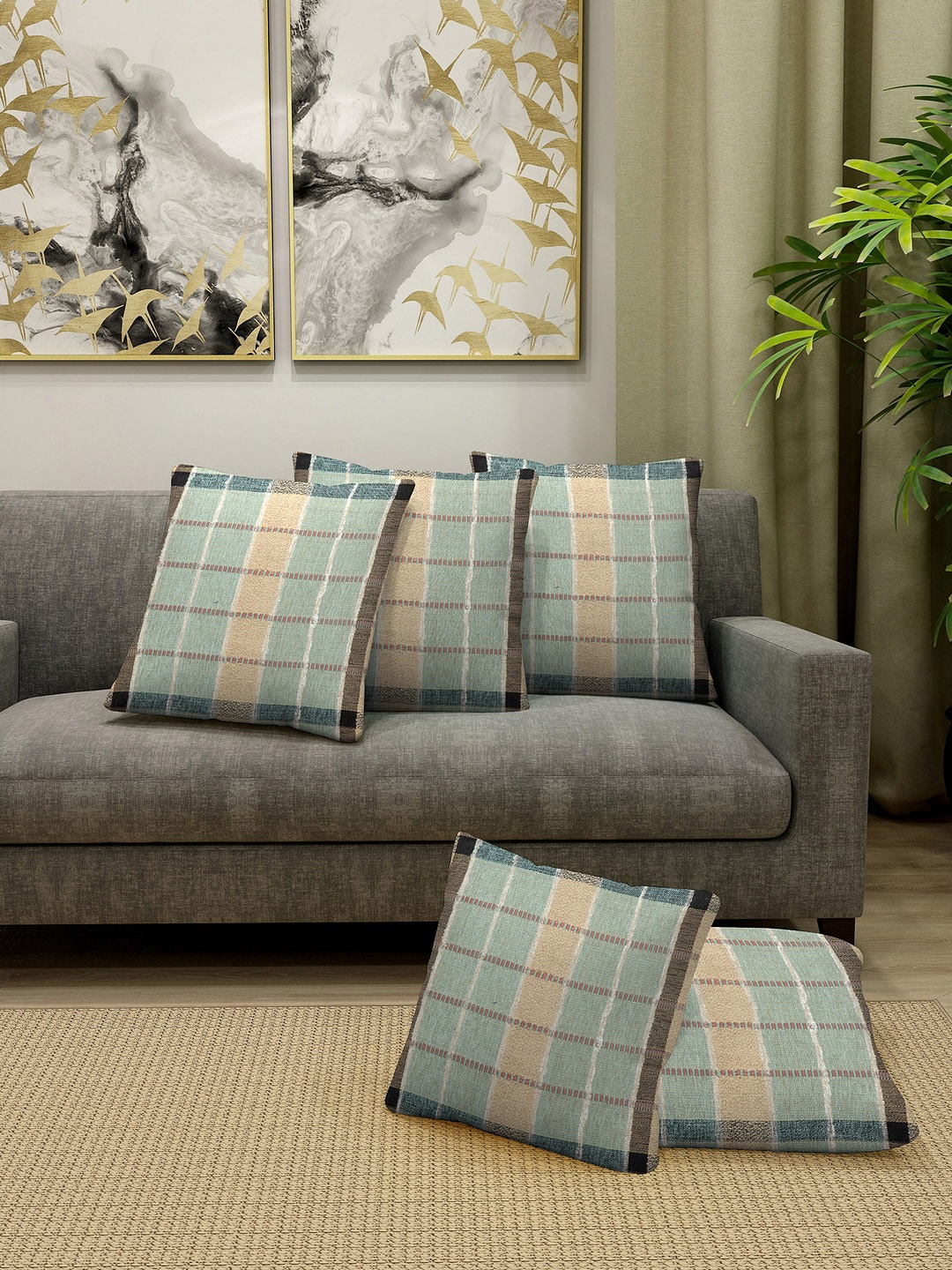 

KLOTTHE Green & Beige Set of 5 Checked Square Cushion Covers