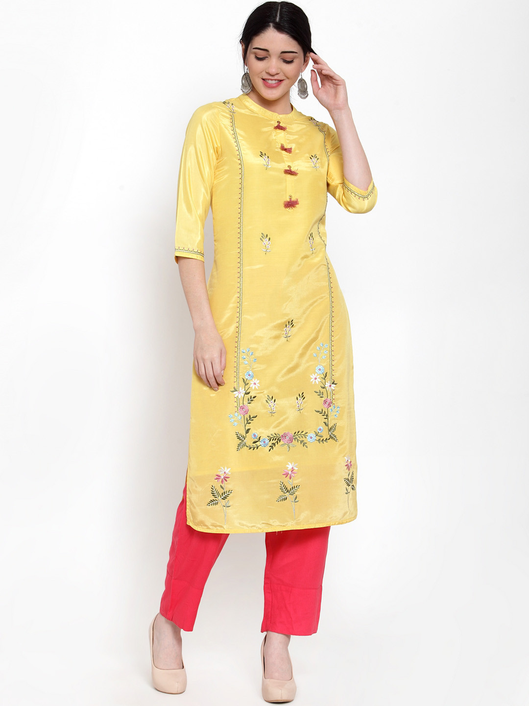 

ANAISA Women Yellow Embroidered Straight Kurta