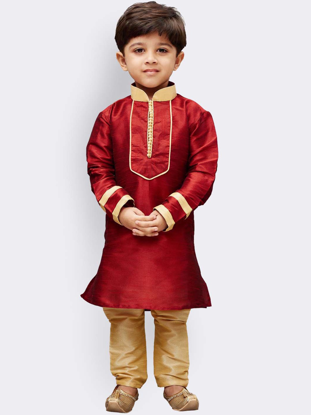 

YK Boys Maroon & Gold-Toned Colourblocked Kurta with Pyjamas