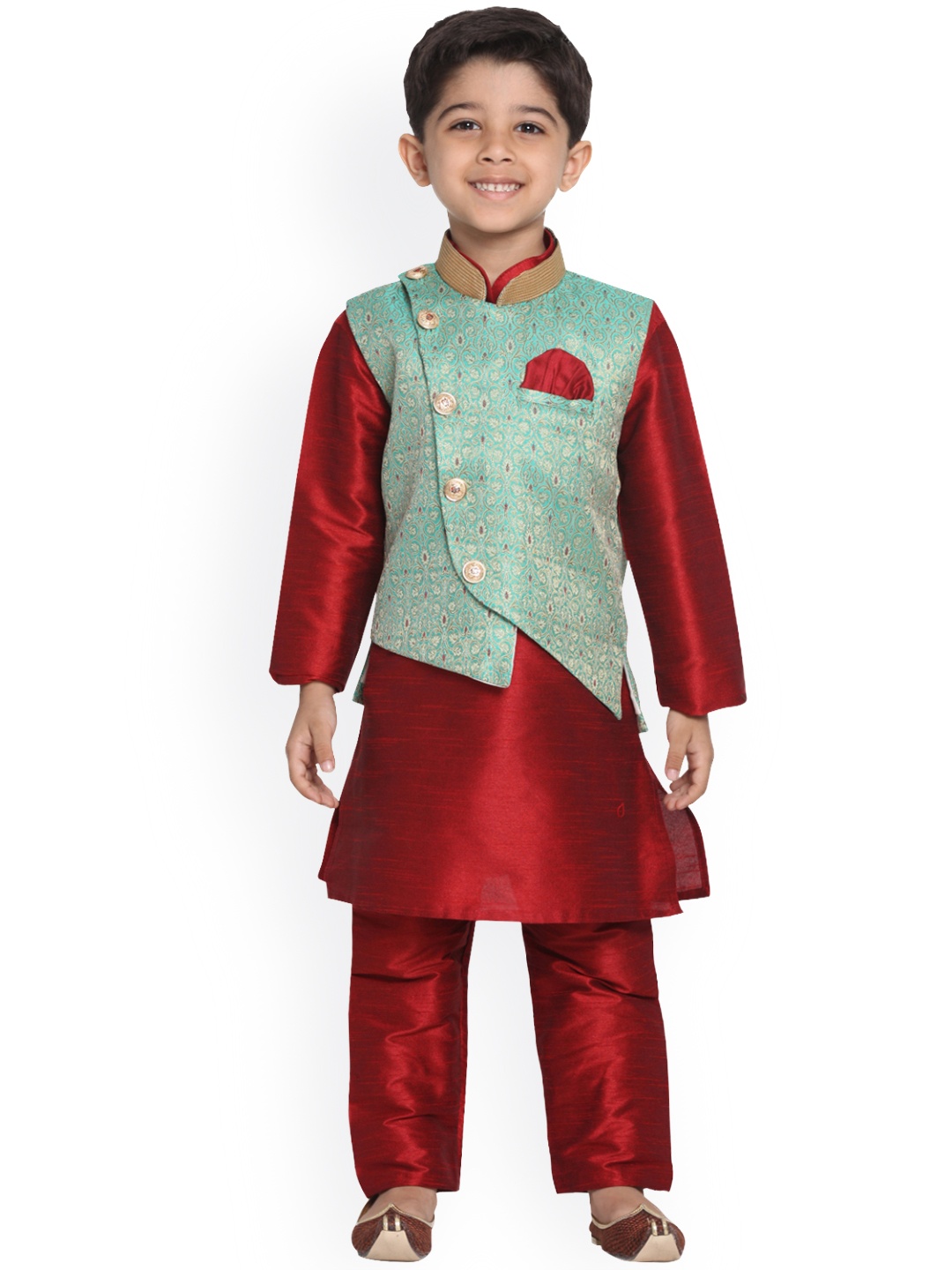 

YK Boys Maroon & Green Self Design Kurta with Pyjamas