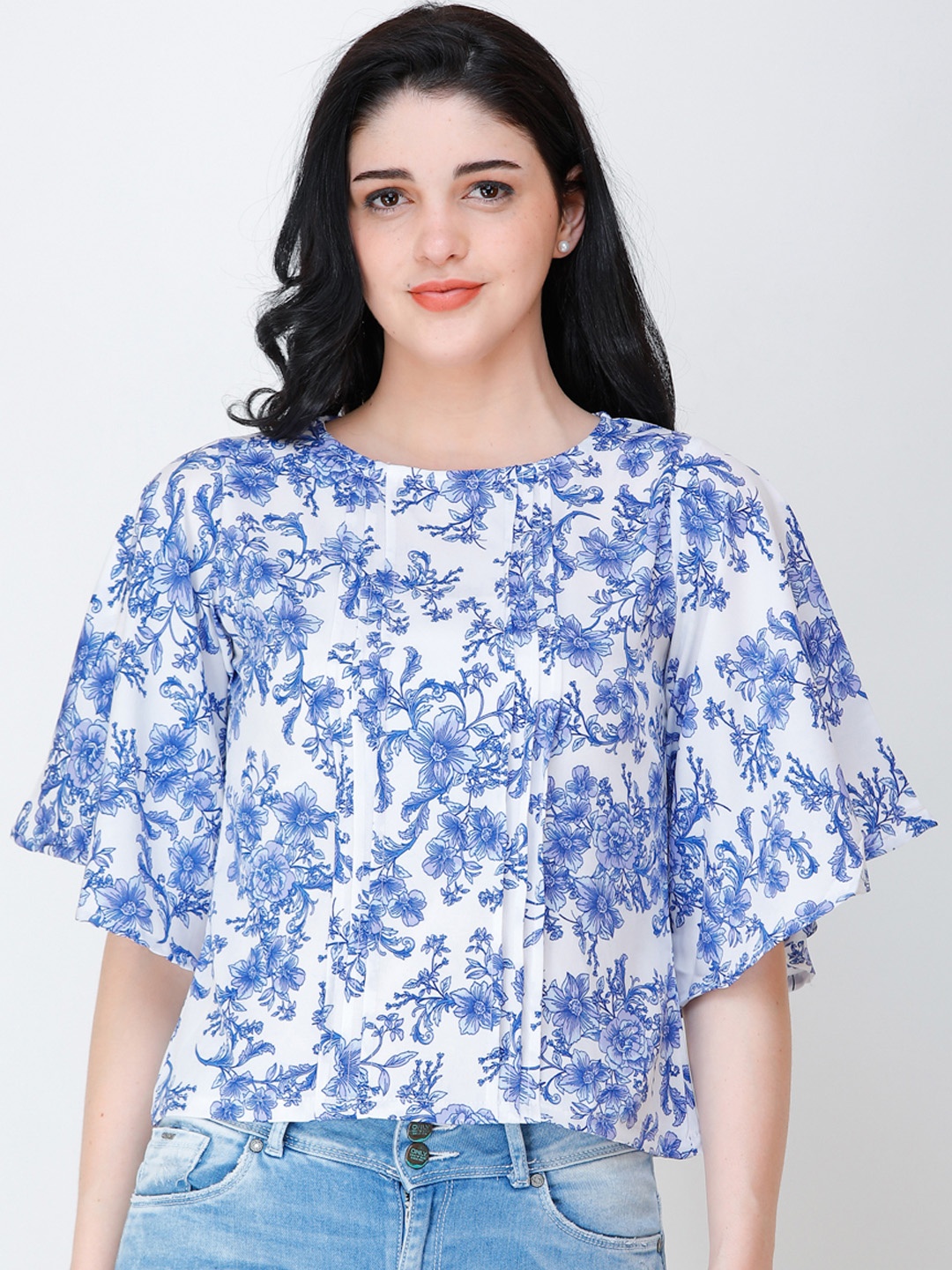 SCORPIUS Women White & Blue Printed Kaftan Top