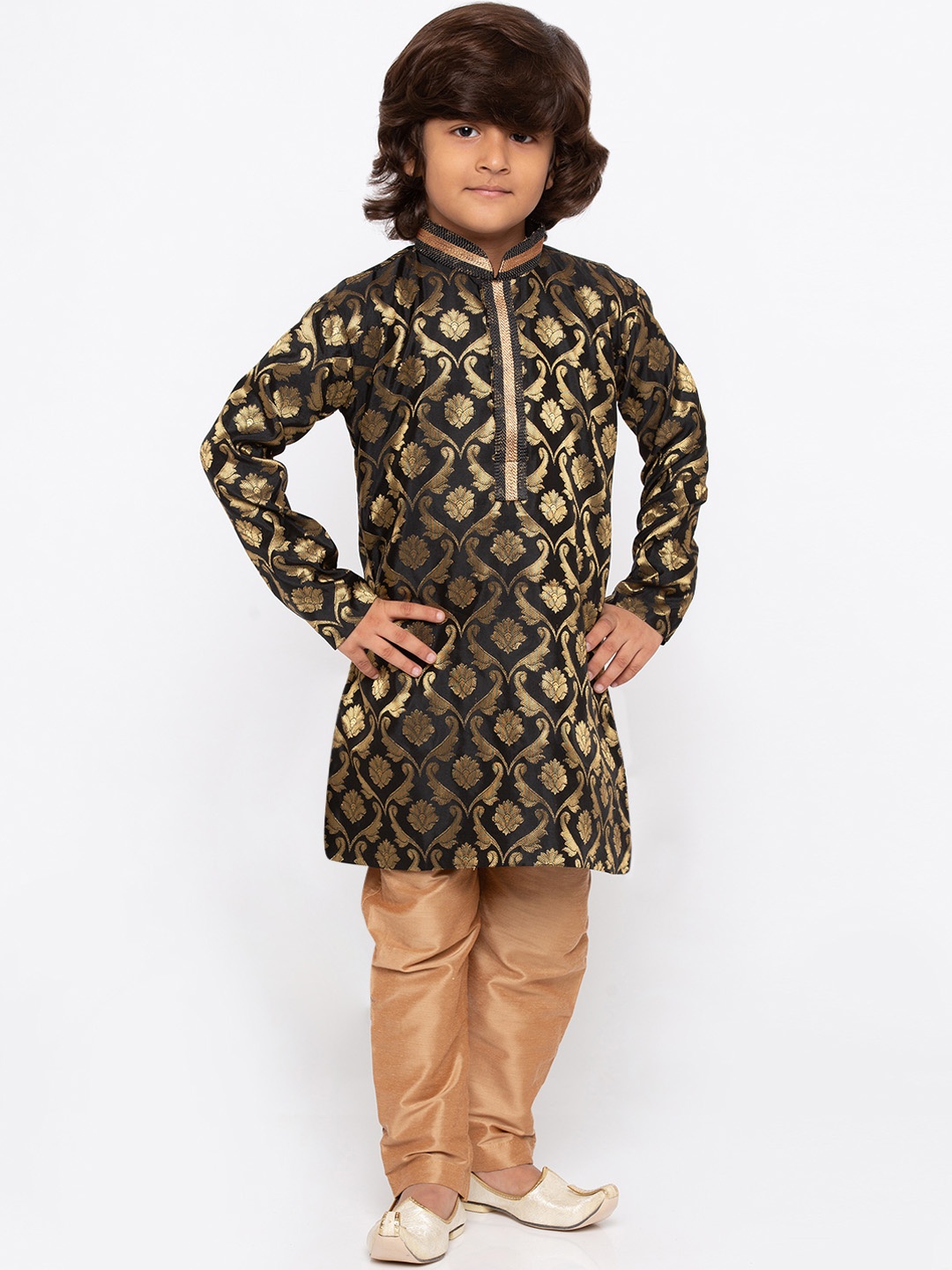 

YK Boys Black & Gold-Coloured Self Design Kurta with Pyjamas