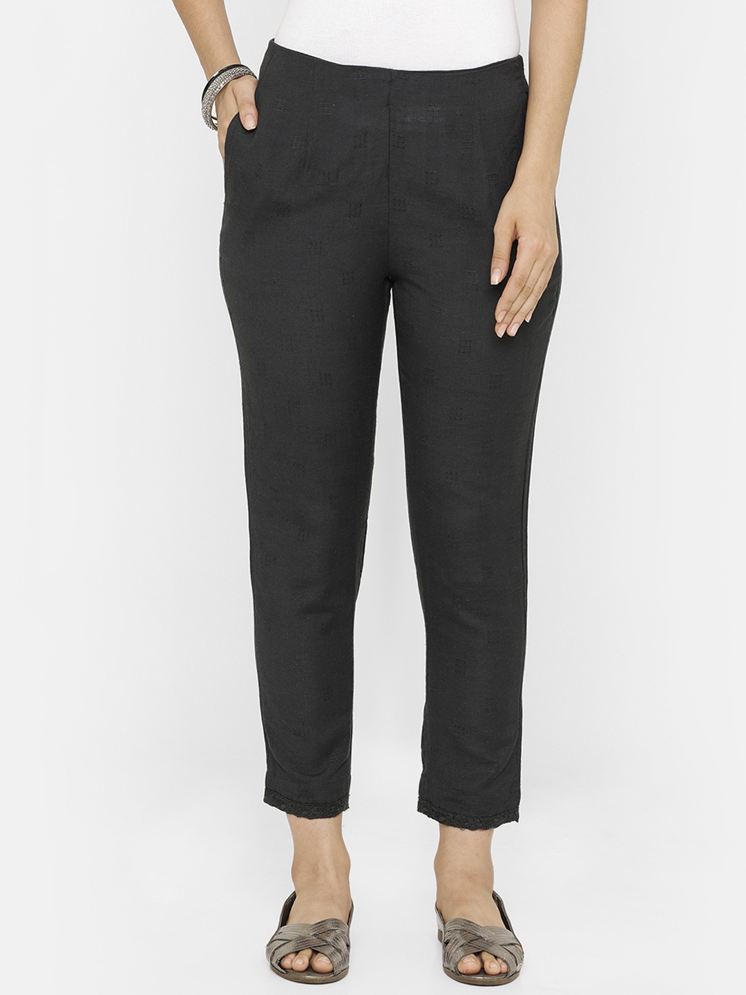 

De Moza Women Black Tapered Fit Self Design Cigarette Trousers