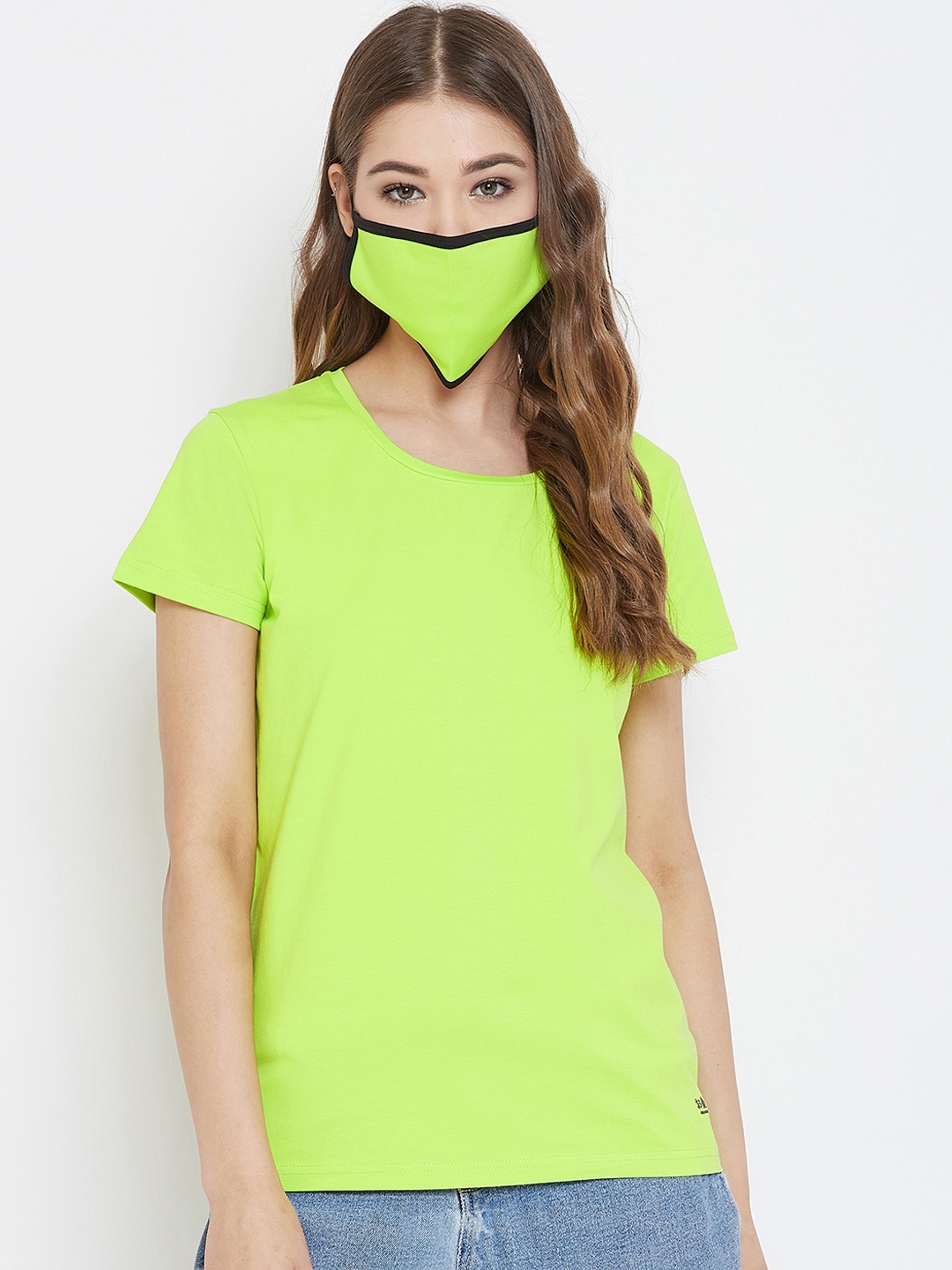 Okane Women Fluorescent Green Solid Round Neck T-shirt