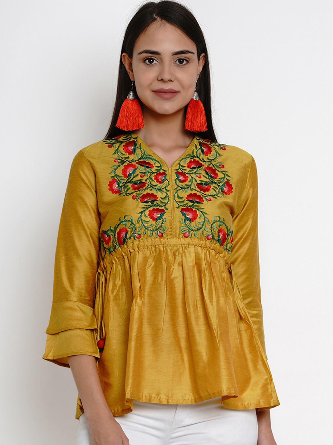 

Bhama Couture Women Mustard Yellow Embroidered Top