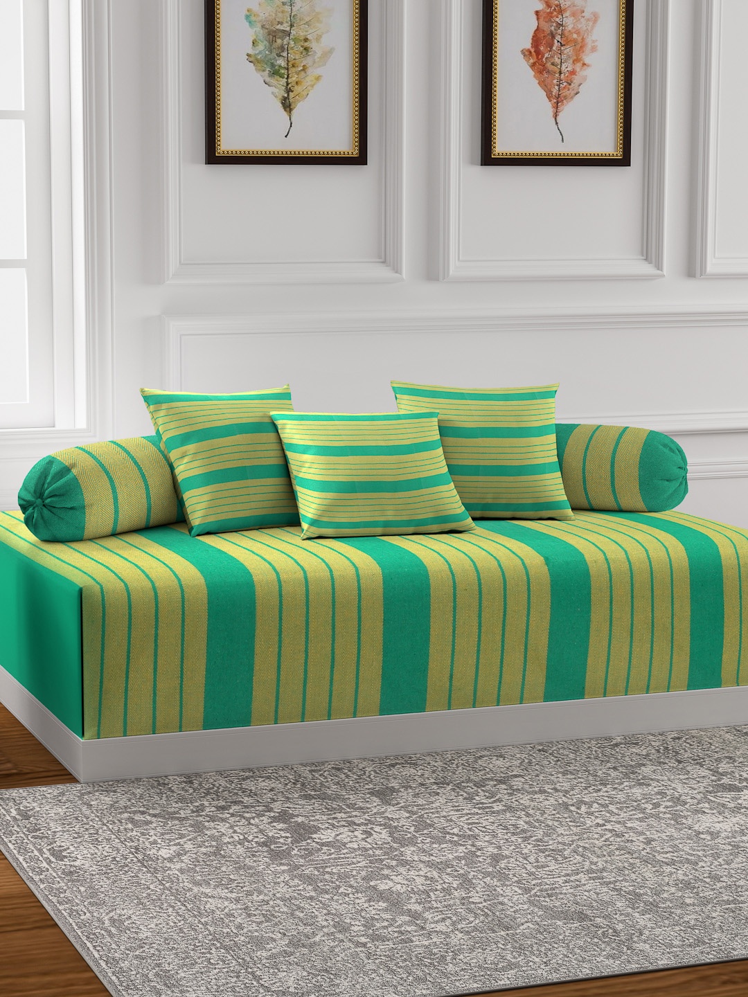 

KLOTTHE Set Of 6 Green & Yellow Striped Bedsheet With Bolster & Cushion Covers