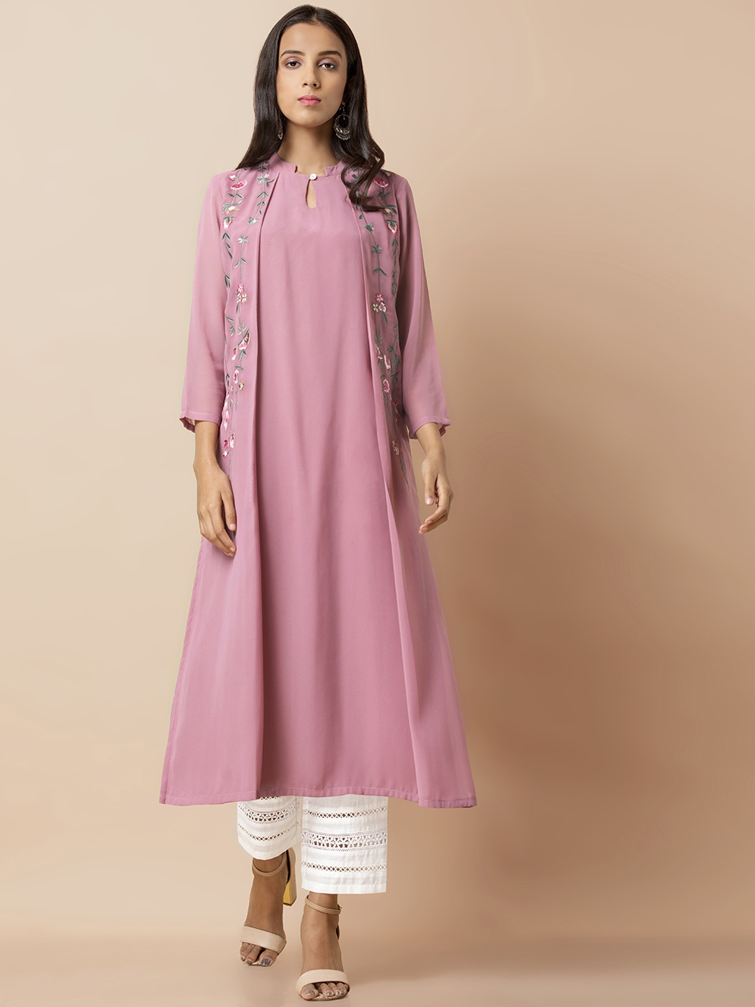 

INDYA Women Pink Embroidered A-Line Kurta