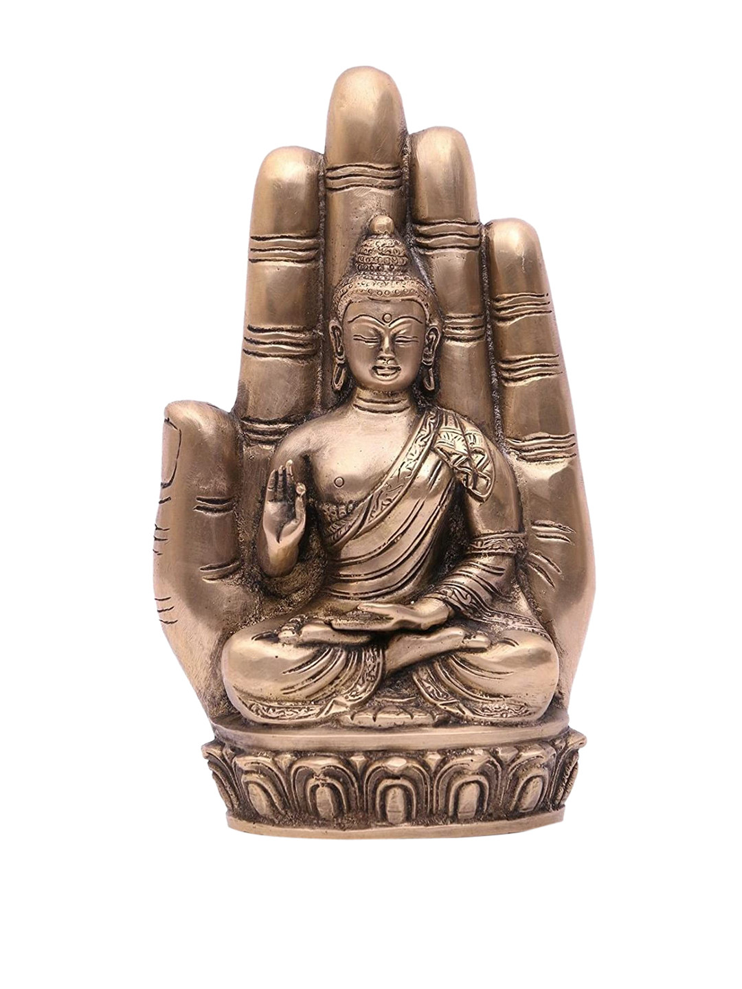 

CraftVatika Gold-Toned Palm Buddha Tibet Shakyamuni Brass Showpiece