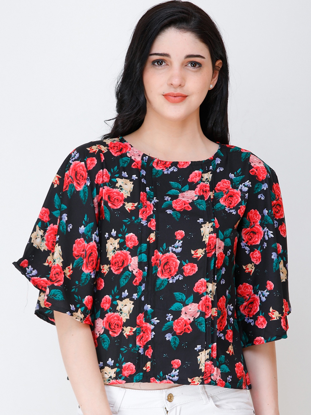SCORPIUS Women Black & Red Floral Printed Top