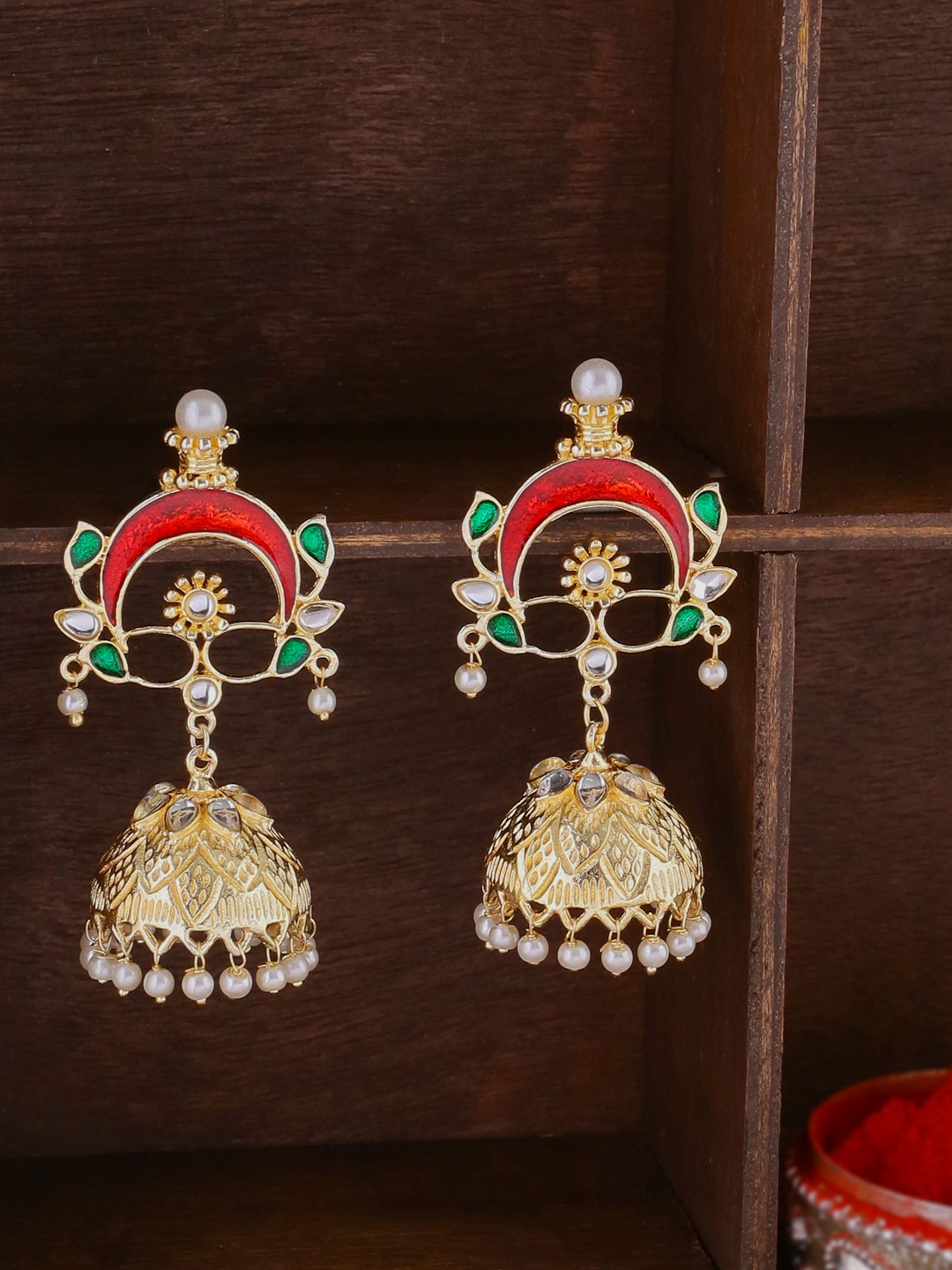 

Shoshaa Gold-Plated & Red Enamelled Classic Jhumkas