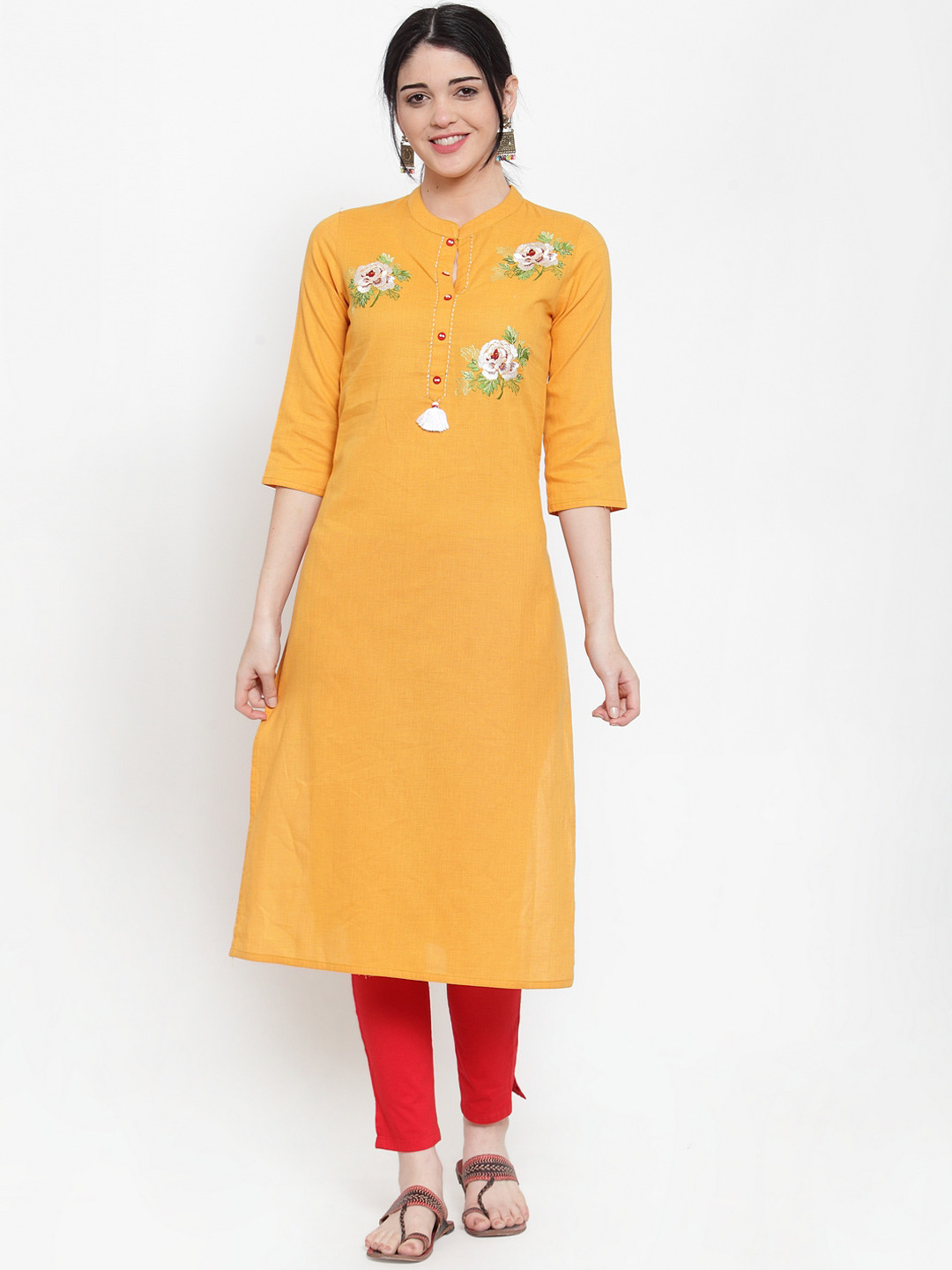 

ANAISA Women Mustard Yellow Floral Embroidered Straight Kurta