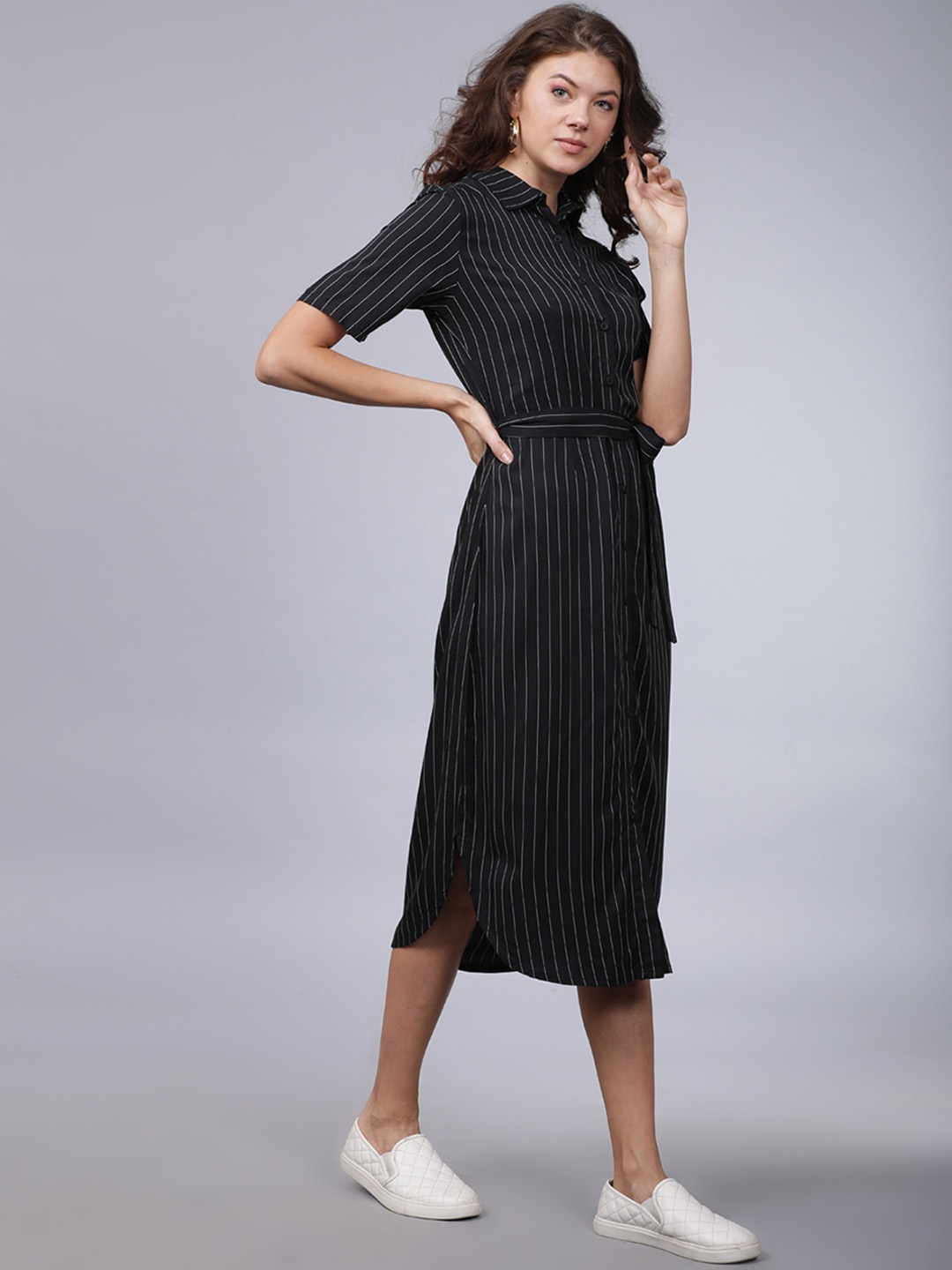 

Tokyo Talkies Women Black Striped Shirt Dress