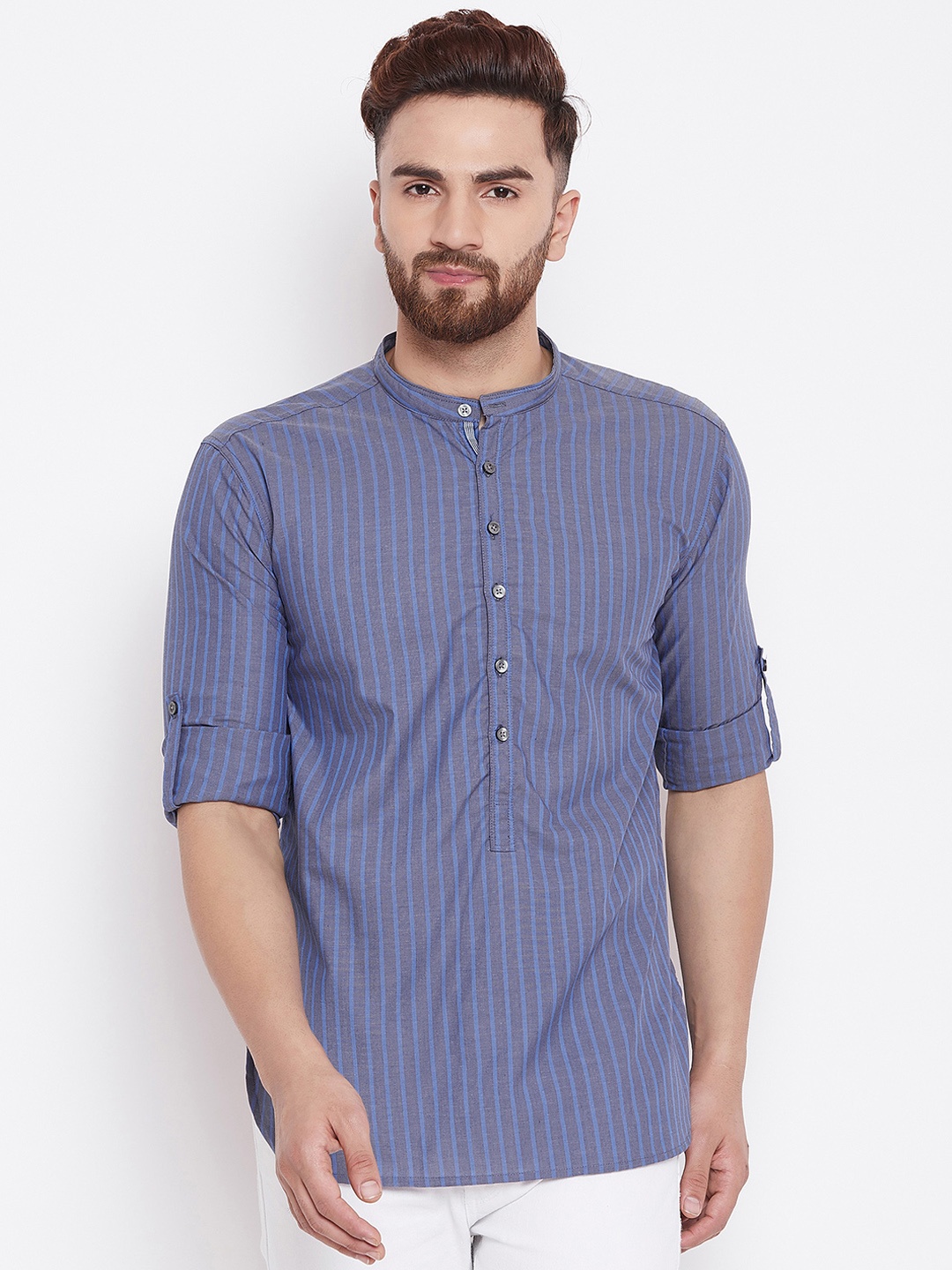 

even Men Grey & Blue Striped Straight Kurta