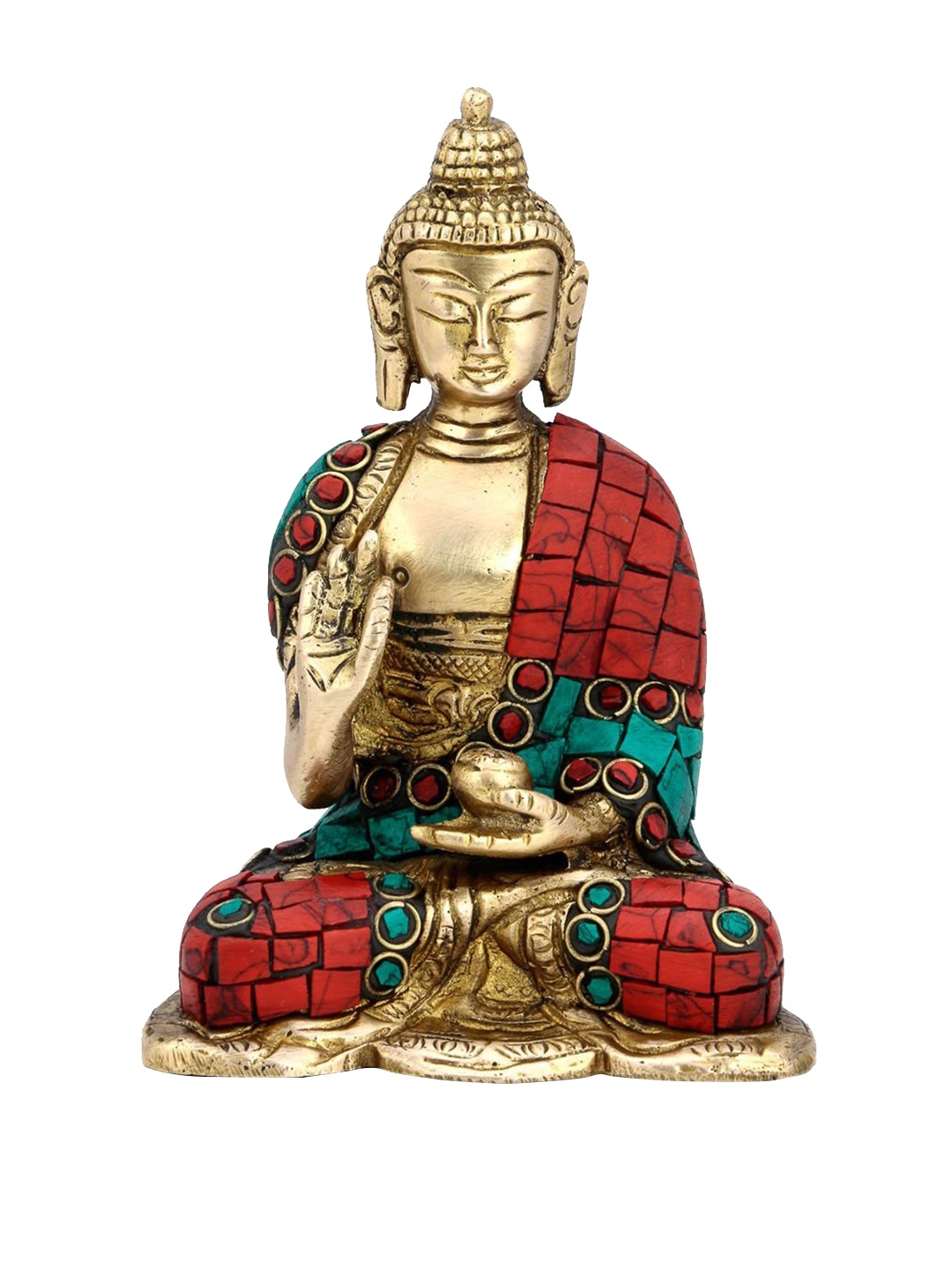CraftVatika Gold-Toned & Red Brass Earth Toching Sitting Tibet Buddha Statue