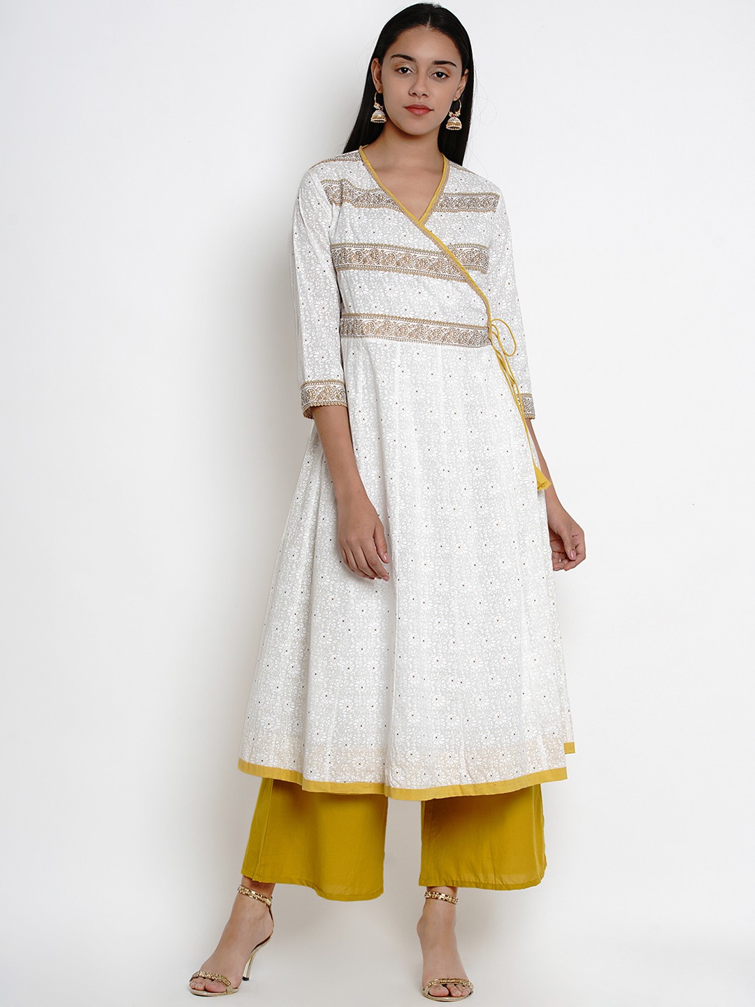 

Bhama Couture Women White & Mustard Yellow Printed Kurta with Palazzos