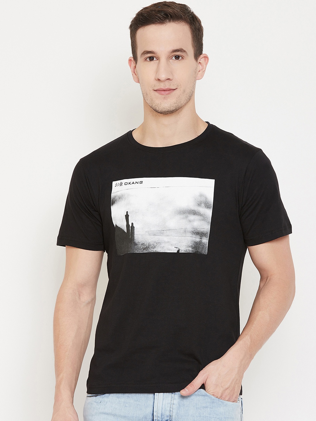 

Okane Men Black & White Printed Round Neck T-shirt