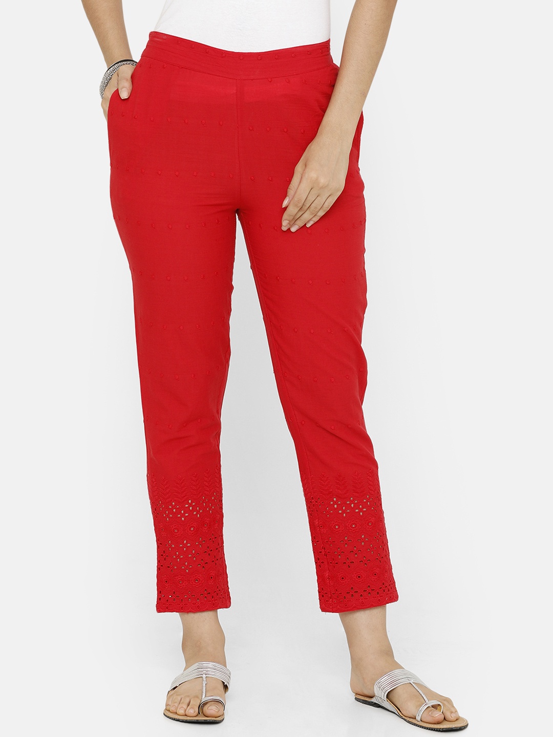 

De Moza Women Red Slim Fit Solid Cigarette Trousers With Schiffli Detail