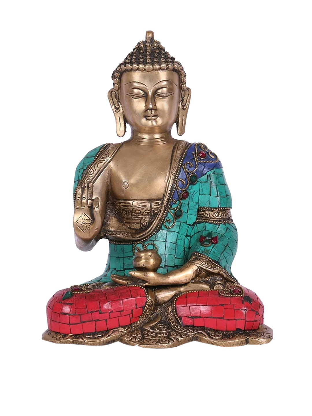 

CraftVatika Gold-Toned & Green Brass Blessing Abhaya Buddha Idol Showpiece