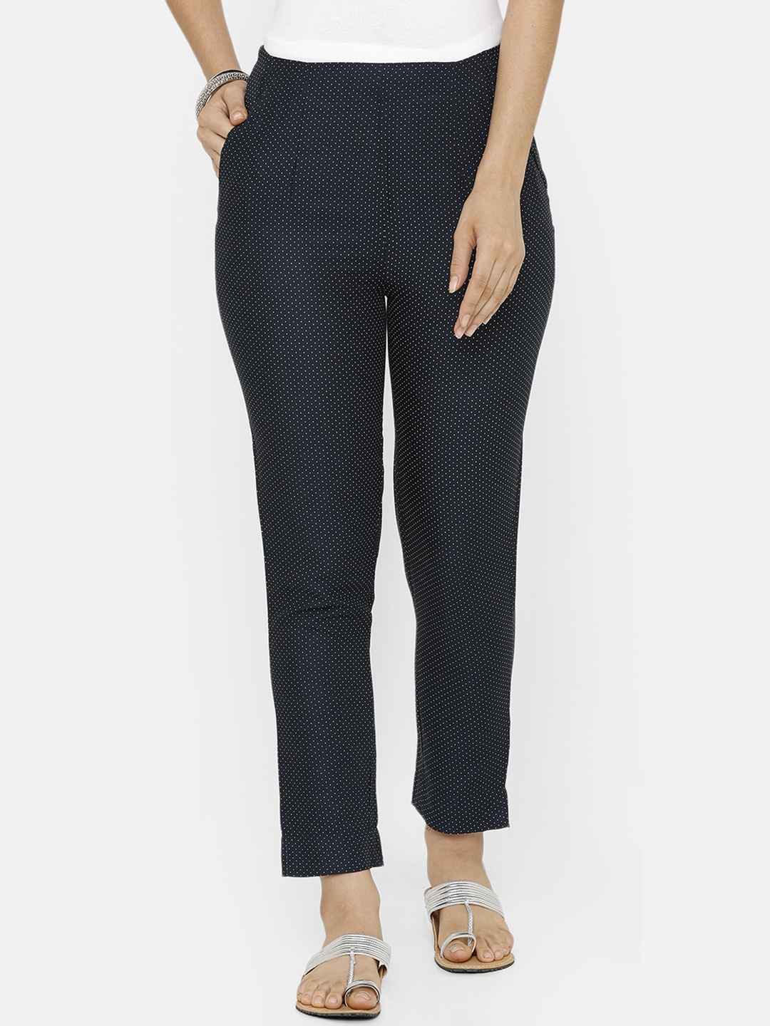 

De Moza Women Navy Blue Slim Fit Polka Dots Printed Cigarette Trousers