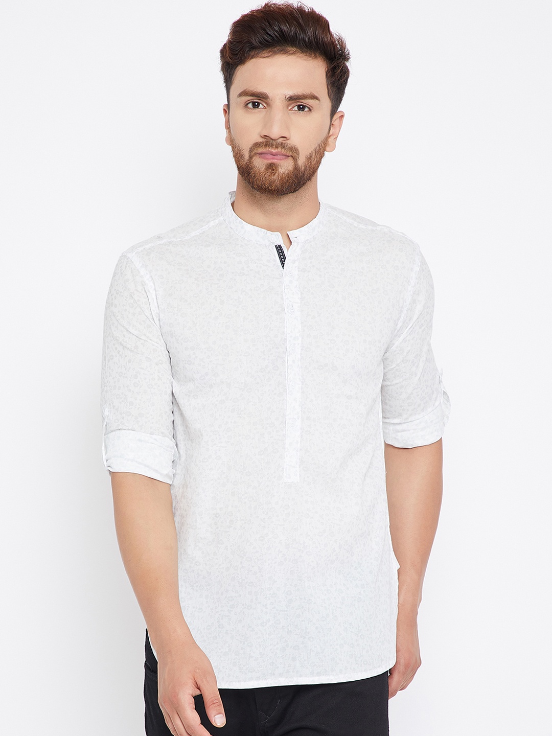 even Men White & Grey Floral Printed Straight Kurta